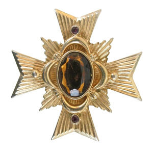 Vtg 1983 Avon Allegro Pendant Pin Brooch  Maltese Cross Amber Amethyst Glass